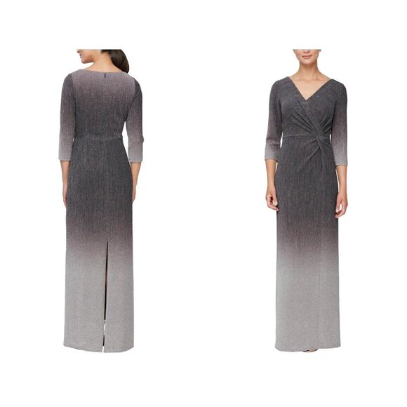 Alex Evenings Formal Gown Size 16 Gray Shimmer Ombre Surplice Knot Full Length - Picture 1 of 16